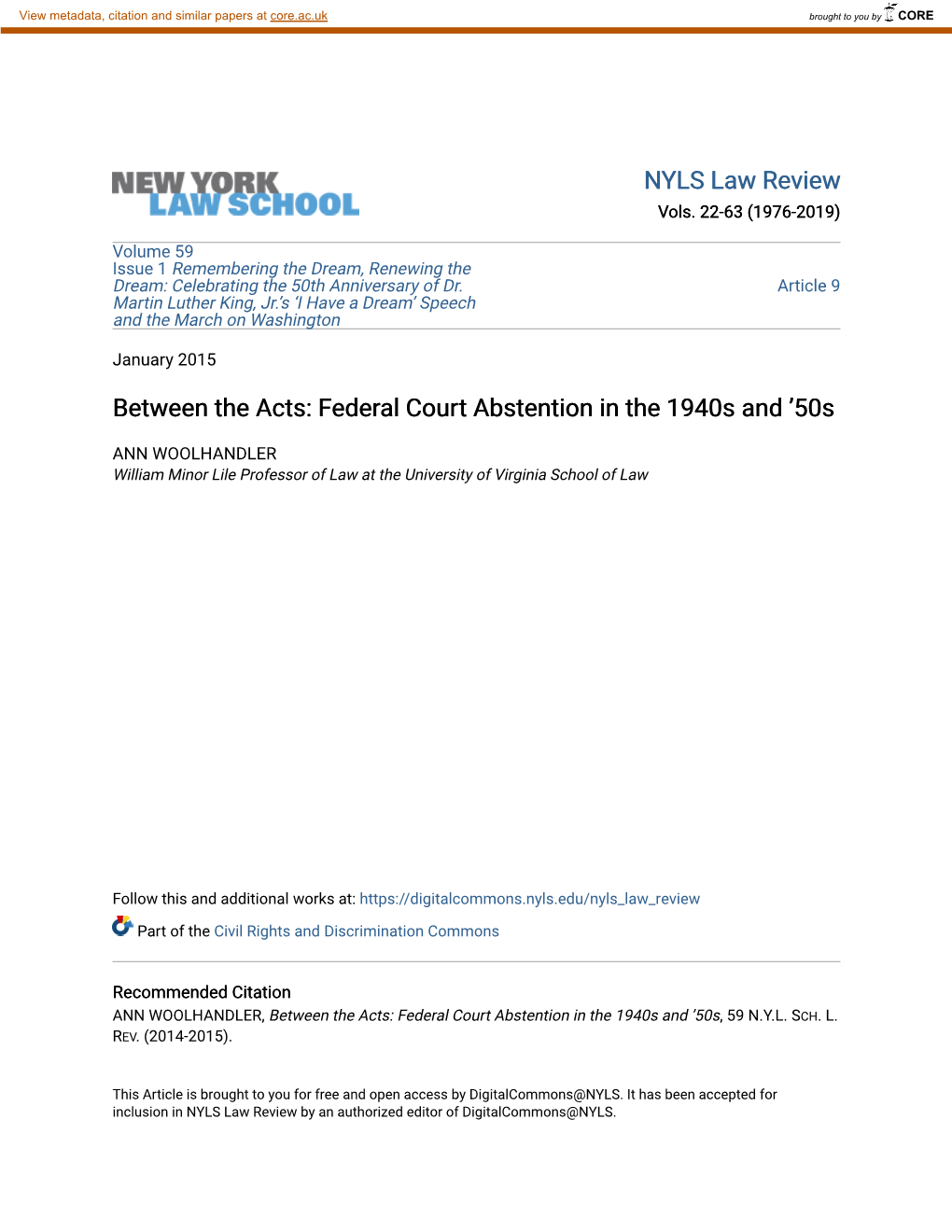 Federal Court Abstention in the 1940S and ’50S