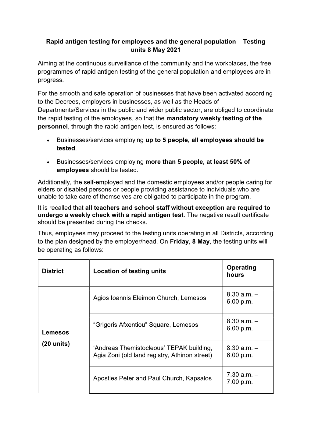 Rapid Antigen Testing for Employees and the General Population – Testing Units 8 May 2021