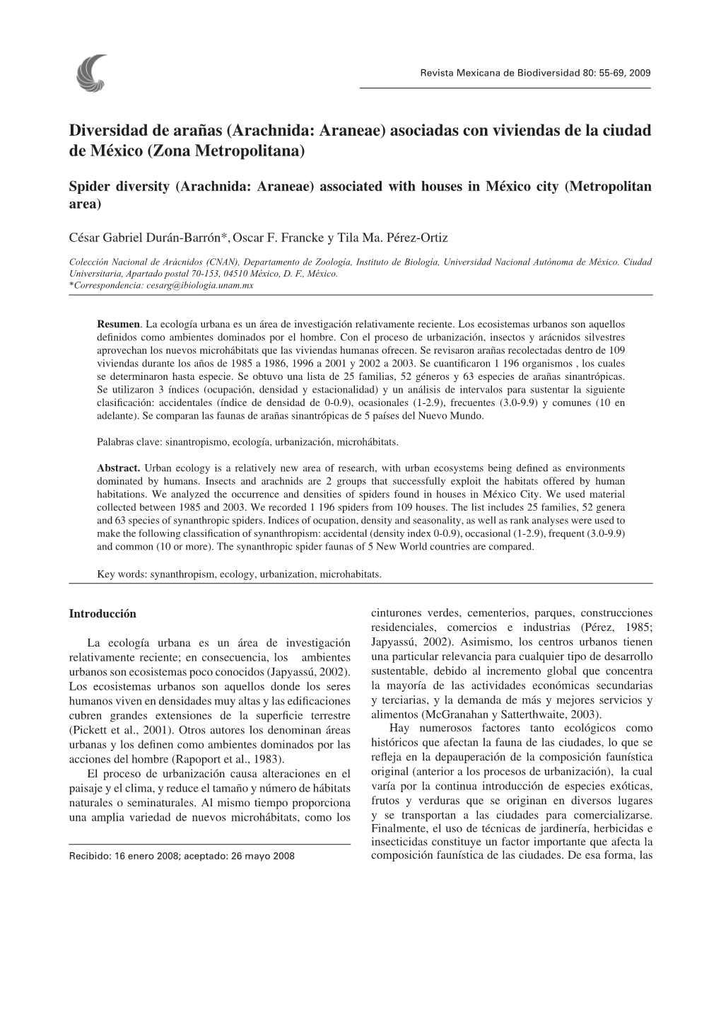 Diversidad De Arañas (Arachnida: Araneae) Asociadas Con Viviendas De La Ciudad De México (Zona Metropolitana)