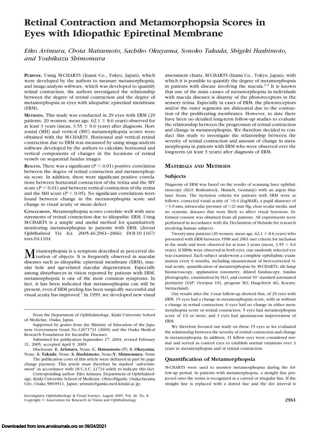 Retinal Contraction and Metamorphopsia Scores in Eyes with Idiopathic Epiretinal Membrane