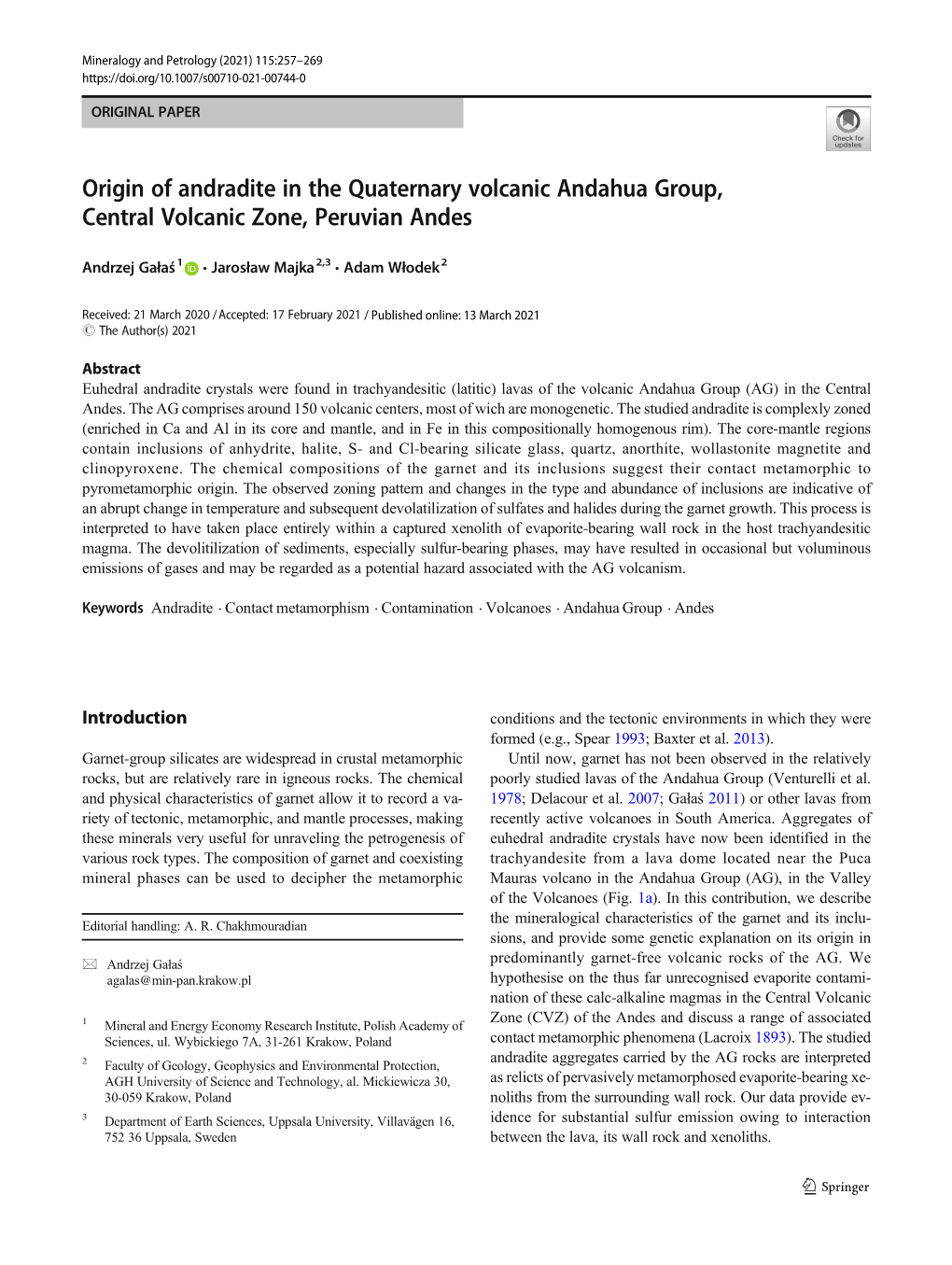 Origin of Andradite in the Quaternary Volcanic Andahua Group, Central Volcanic Zone, Peruvian Andes