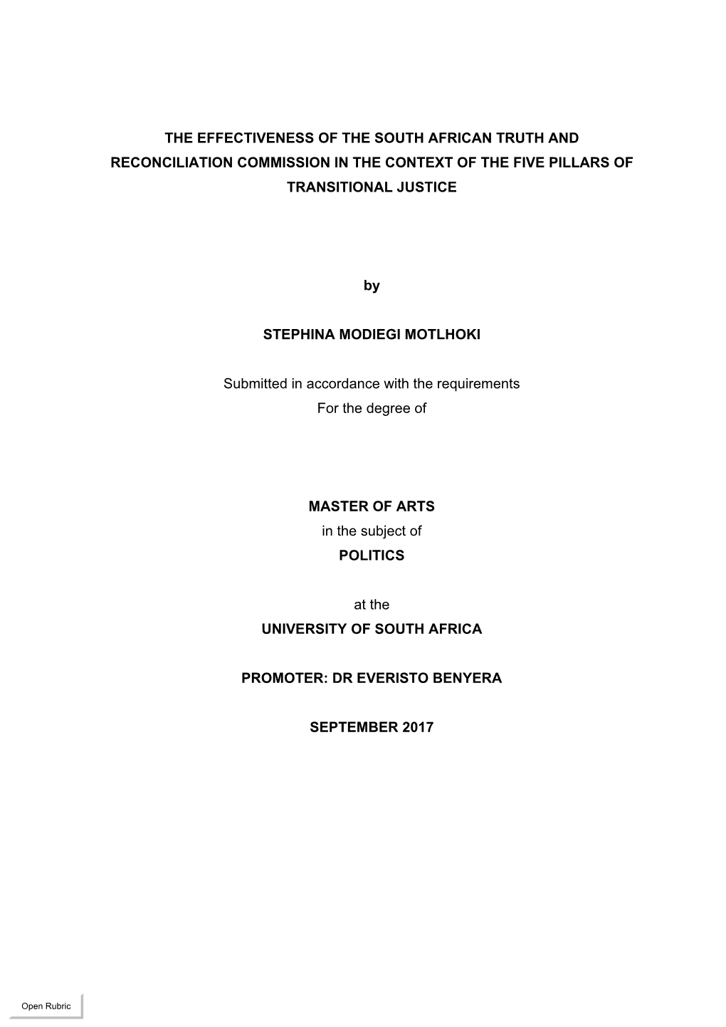 The Effectiveness of the South African Truth and Reconciliation Commission in the Context of the Five Pillars of Transitional Justice