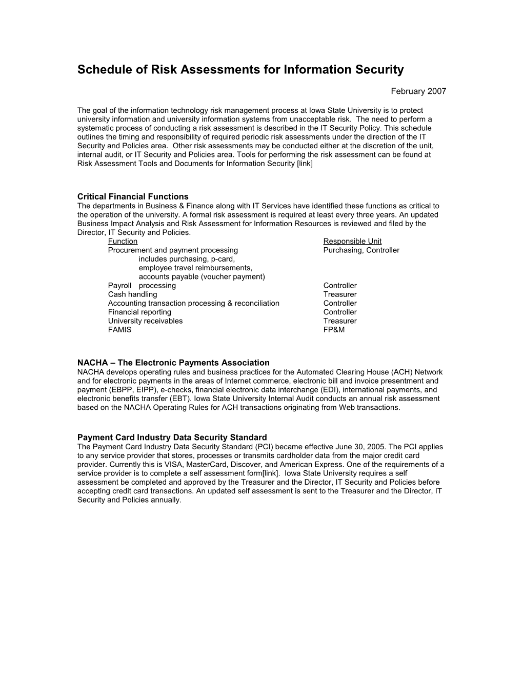 Schedule of Risk Assessments for Information Security