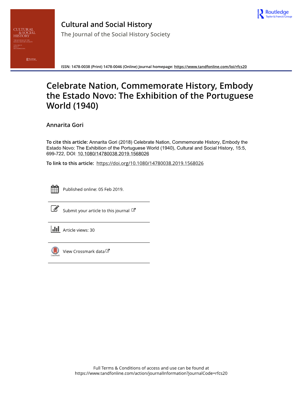 Celebrate Nation, Commemorate History, Embody the Estado Novo: the Exhibition of the Portuguese World (1940)