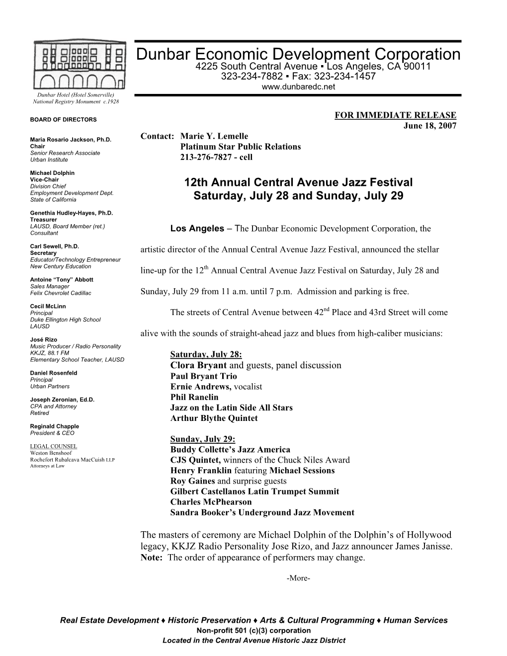 BOARD of DIRECTORS for IMMEDIATE RELEASE June 18, 2007