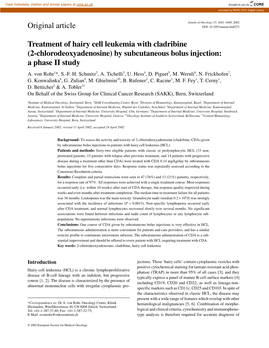 Original Article Treatment of Hairy Cell Leukemia with Cladribine