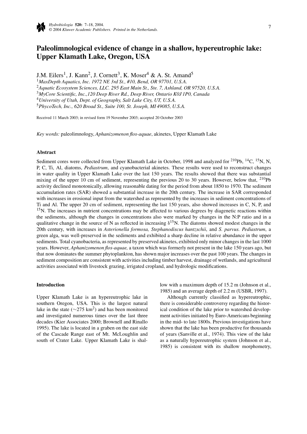 Paleolimnological Evidence of Change in a Shallow, Hypereutrophic Lake: Upper Klamath Lake, Oregon, USA