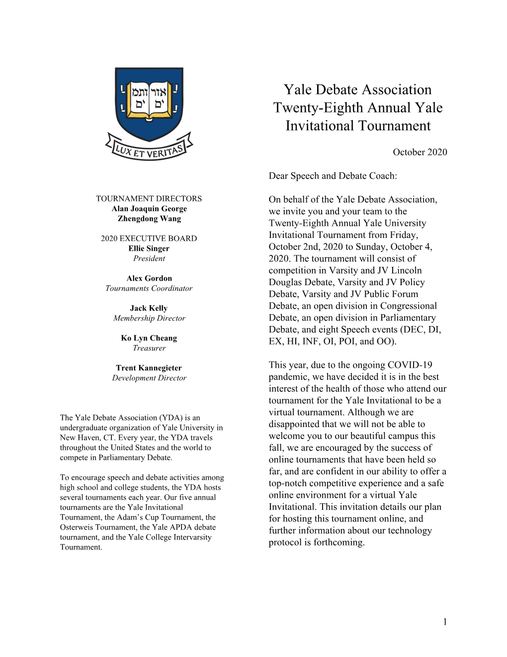 Yale Debate Association Twenty-Eighth Annual Yale Invitational Tournament