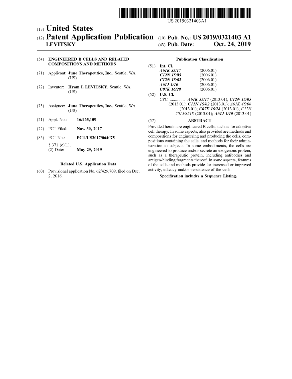 ( 12 ) Patent Application Publication ( 10 ) Pub . No .: US 2019/0321403 A1