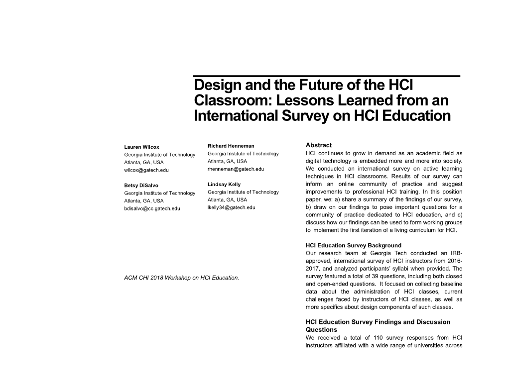 Design and the Future of the HCI Classroom: Lessons Learned from an International Survey on HCI Education