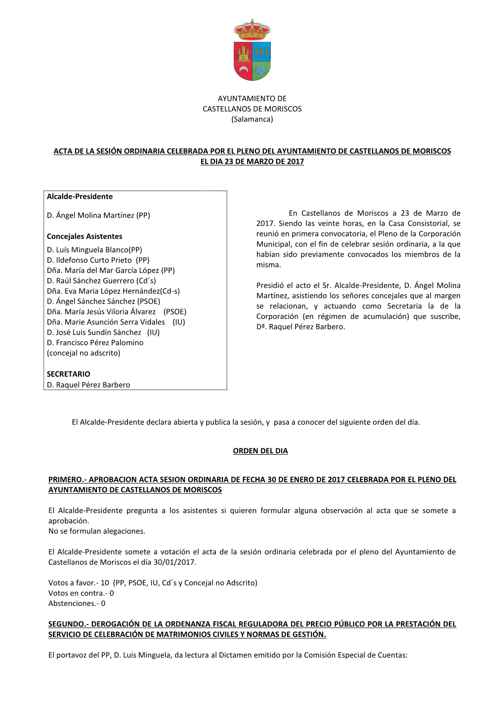 AYUNTAMIENTO DE CASTELLANOS DE MORISCOS (Salamanca) ACTA