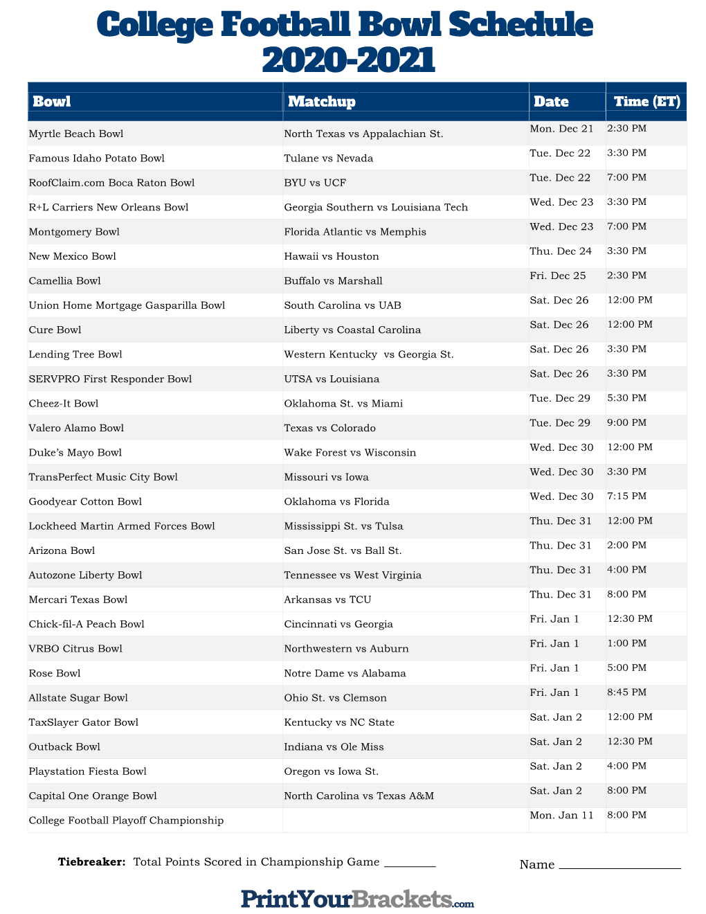 College Football Bowl Schedule 2020-2021