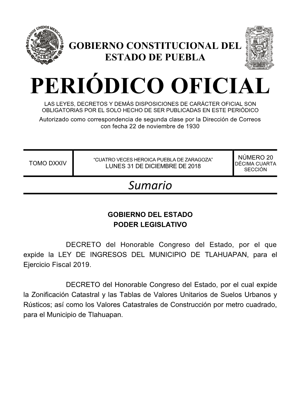 LEY DE INGRESOS DEL MUNICIPIO DE TLAHUAPAN, Para El Ejercicio Fiscal 2019