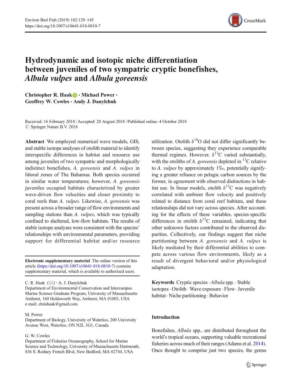 Hydrodynamic and Isotopic Niche Differentiation Between Juveniles of Two Sympatric Cryptic Bonefishes, Albula Vulpes and Albula Goreensis