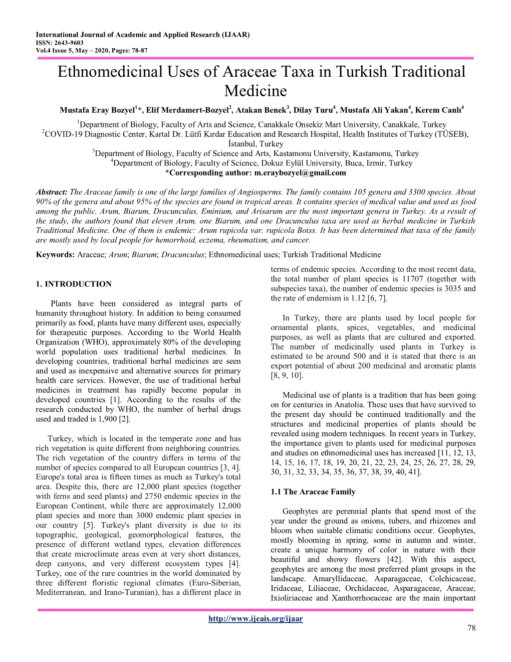 Ethnomedicinal Uses of Araceae Taxa in Turkish Traditional Medicine