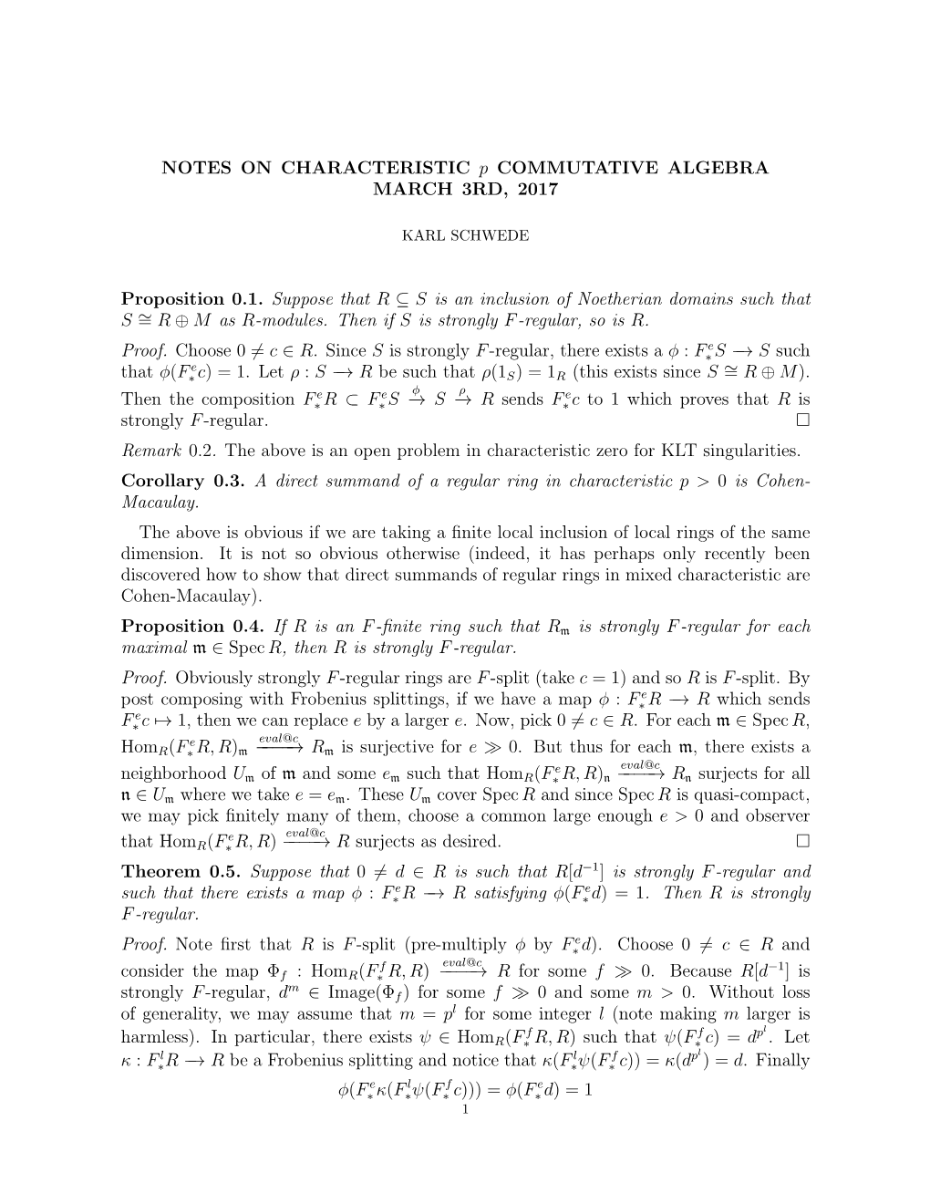 NOTES on CHARACTERISTIC P COMMUTATIVE ALGEBRA MARCH 3RD, 2017