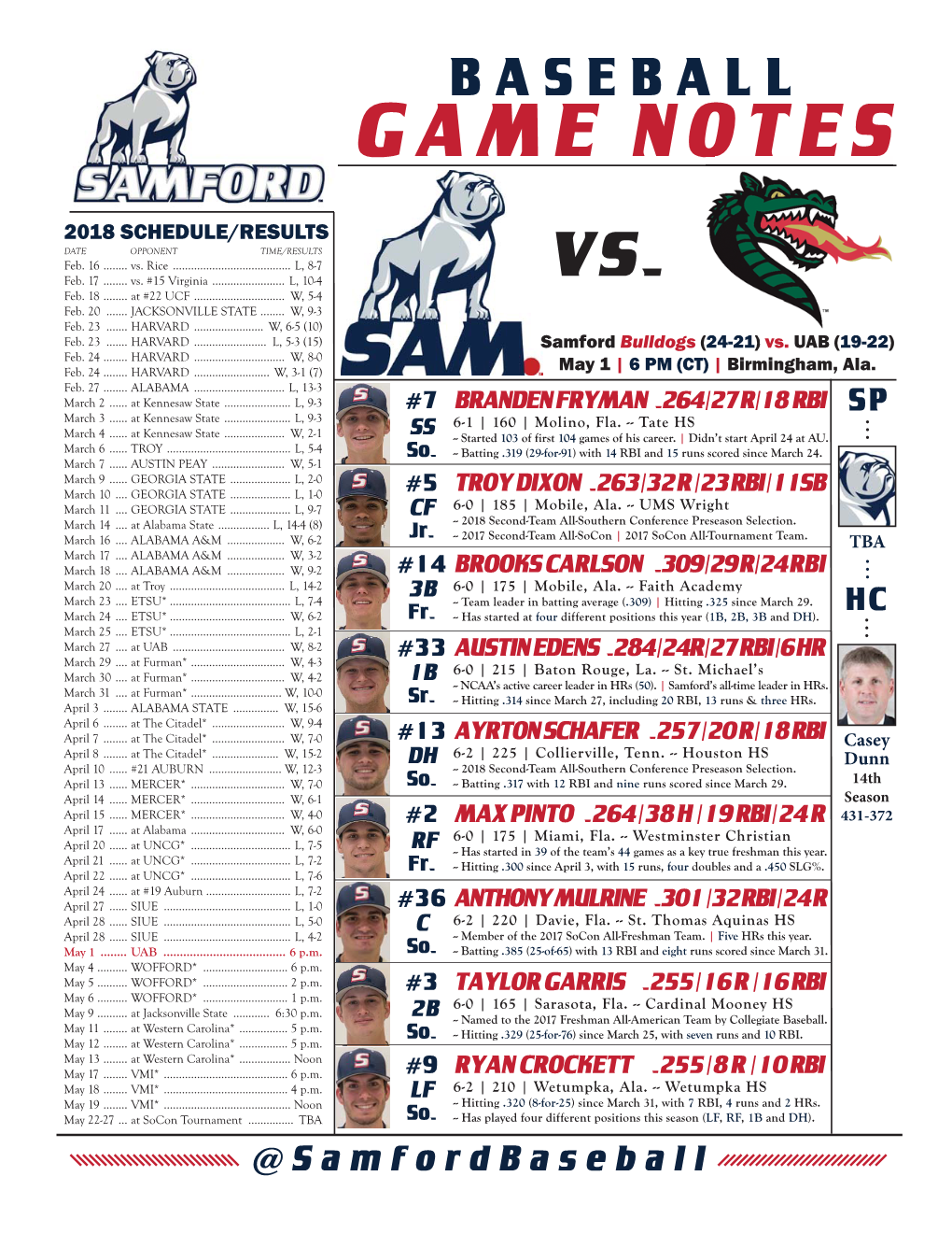 Samford Baseball Game Notes