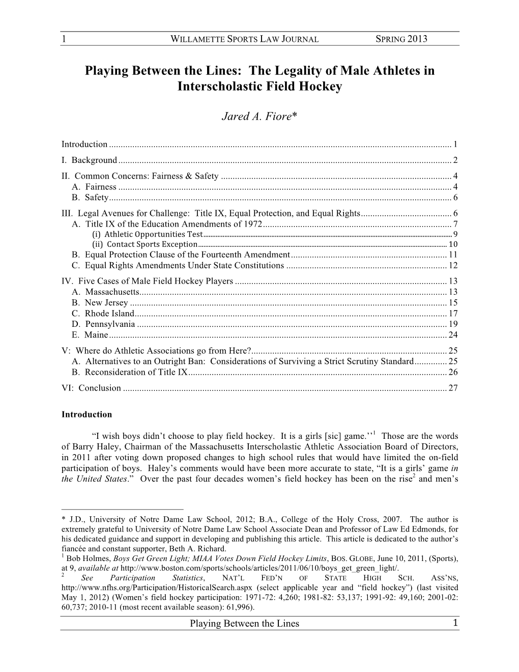 The Legality of Male Athletes in Interscholastic Field Hockey