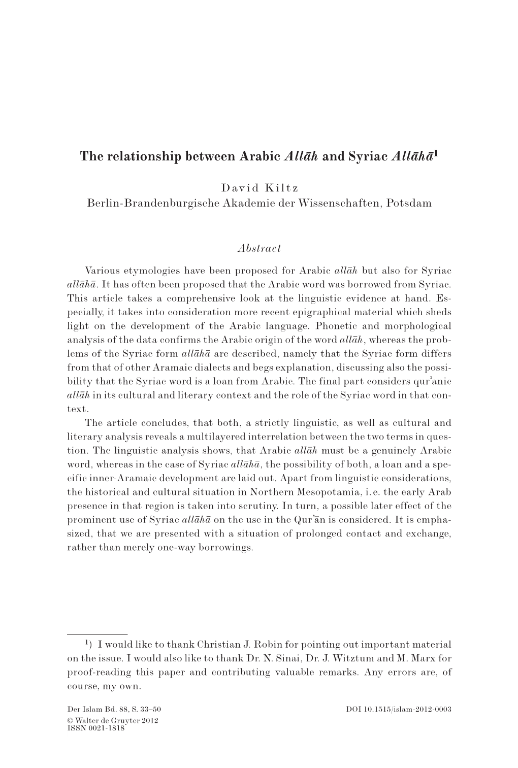 The Relationship Between Arabic Alla¯H and Syriac Alla¯Ha¯1