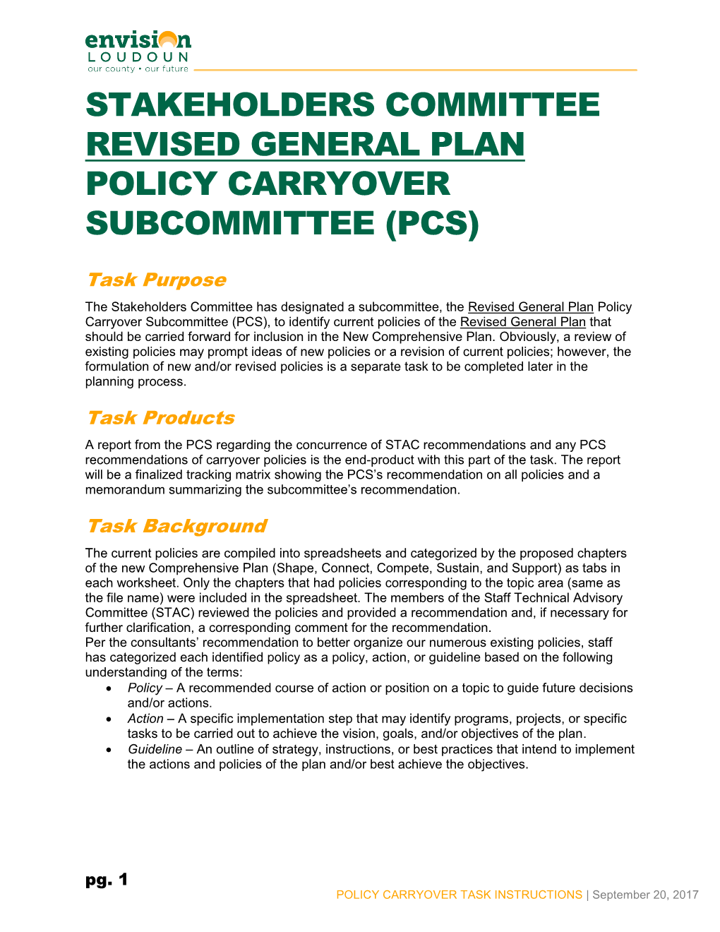 Stakeholders Committee Revised General Plan Policy Carryover Subcommittee (Pcs)