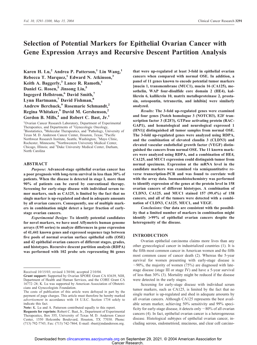 Selection of Potential Markers for Epithelial Ovarian Cancer with Gene Expression Arrays and Recursive Descent Partition Analysis