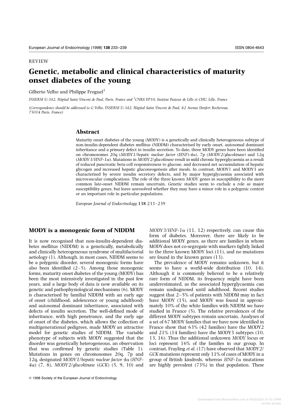 Genetic, Metabolic and Clinical Characteristics of Maturity Onset Diabetes of the Young