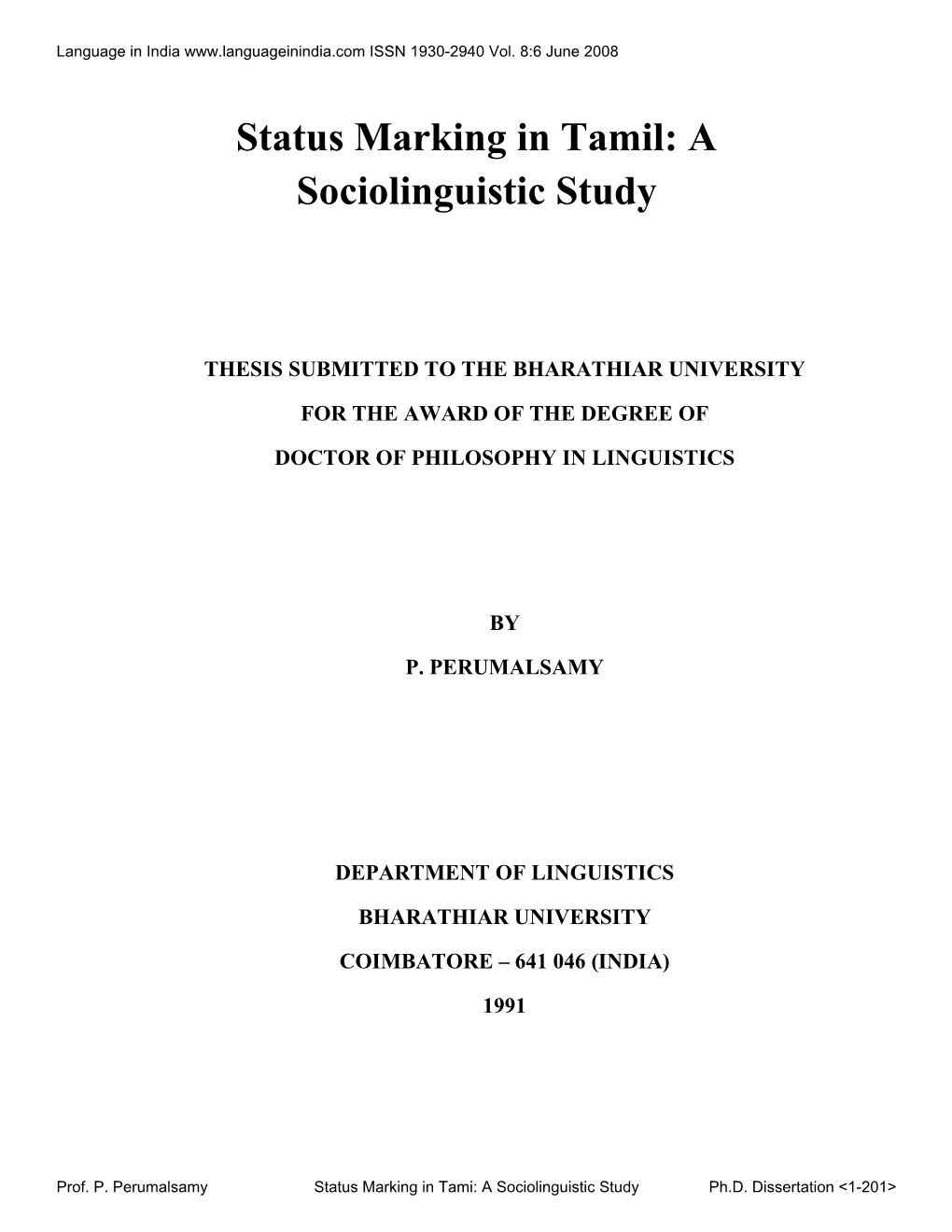 Status Marking in Tamil: a Sociolinguistic Study