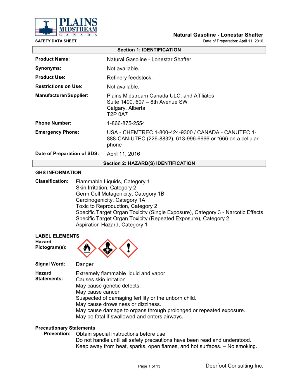 Lonestar Shafter Deerfoot Consulting Inc. Natural Gasoline