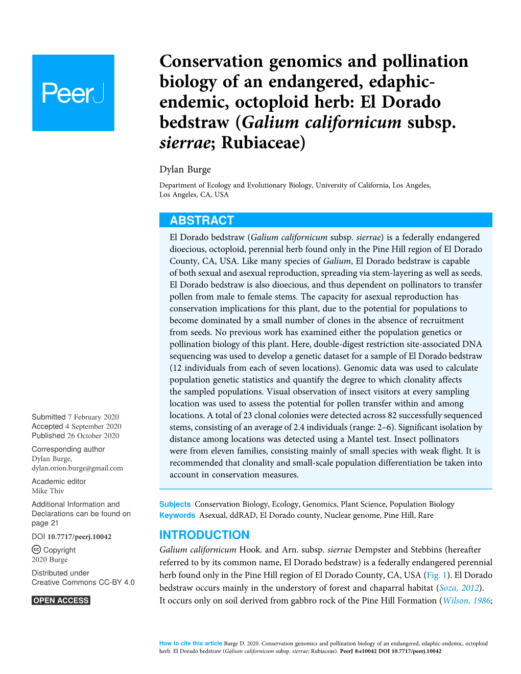 Conservation Genomics and Pollination Biology of an Endangered, Edaphic- Endemic, Octoploid Herb: El Dorado Bedstraw (Galium Californicum Subsp