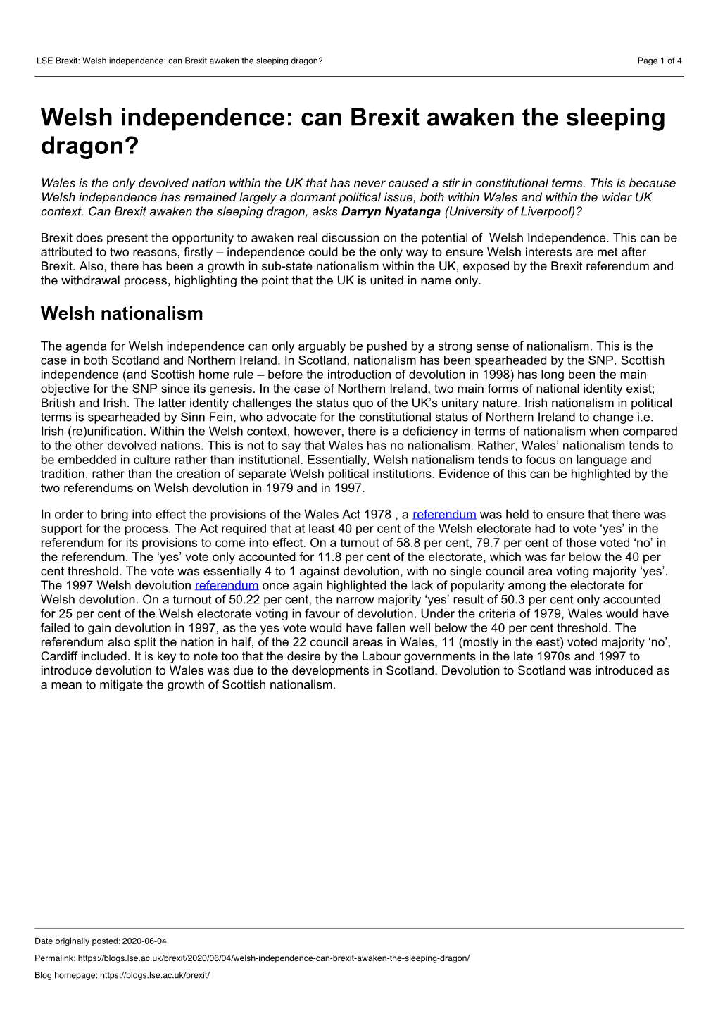 LSE Brexit: Welsh Independence: Can Brexit Awaken the Sleeping Dragon? Page 1 of 4