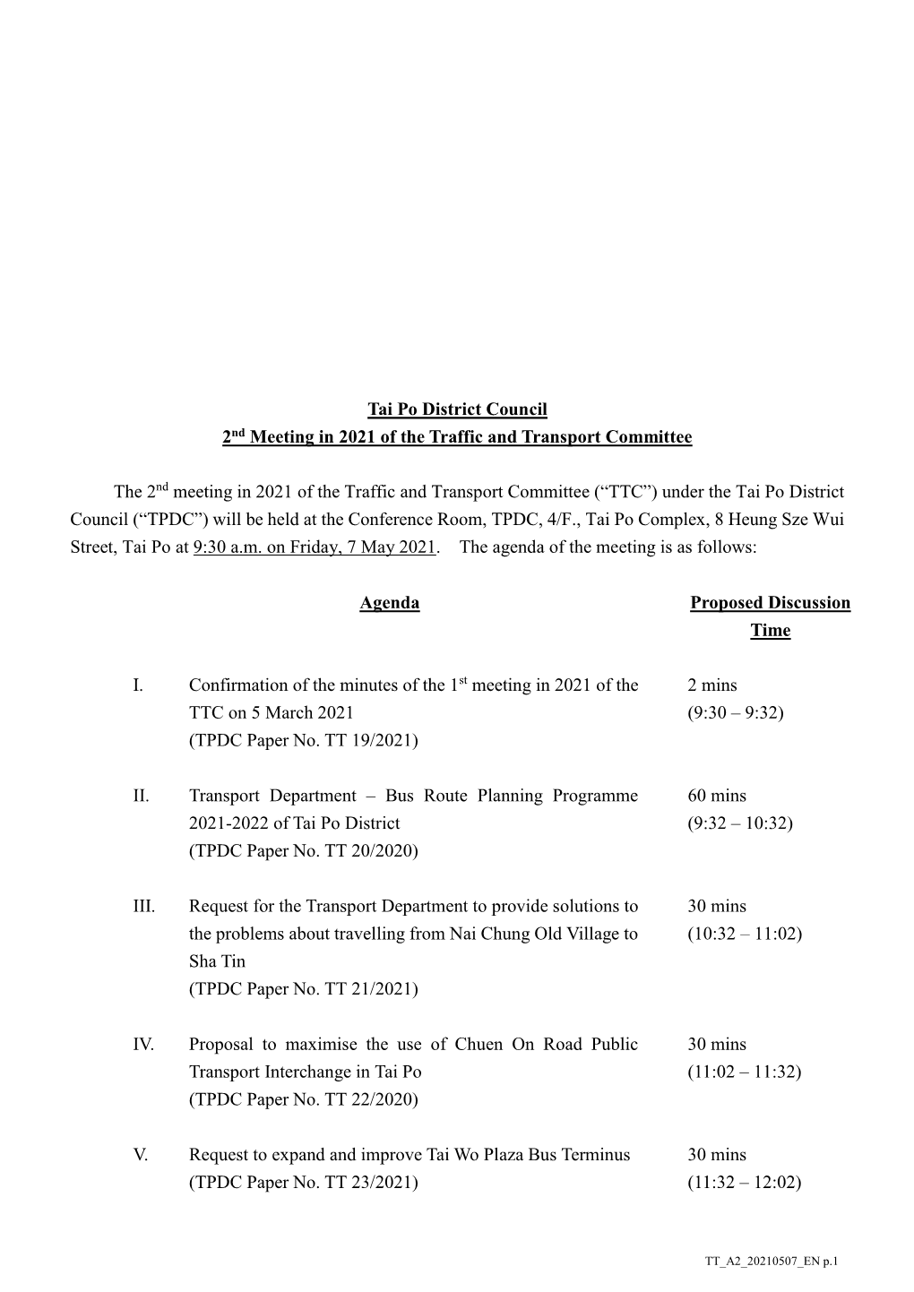 Tai Po District Council 2Nd Meeting in 2021 of the Traffic and Transport Committee