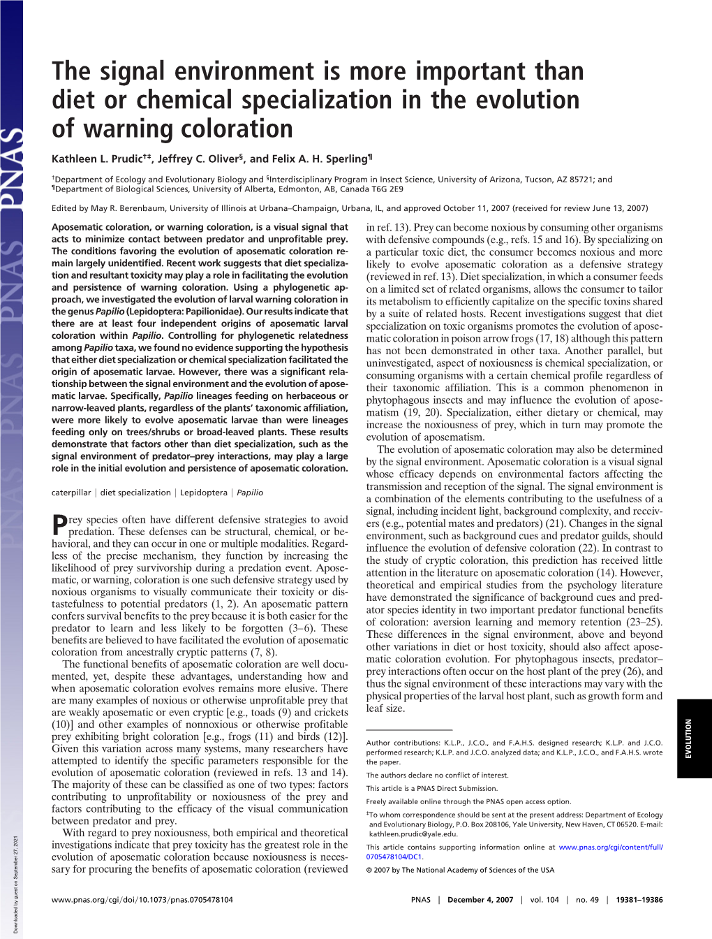 The Signal Environment Is More Important Than Diet Or Chemical Specialization in the Evolution of Warning Coloration