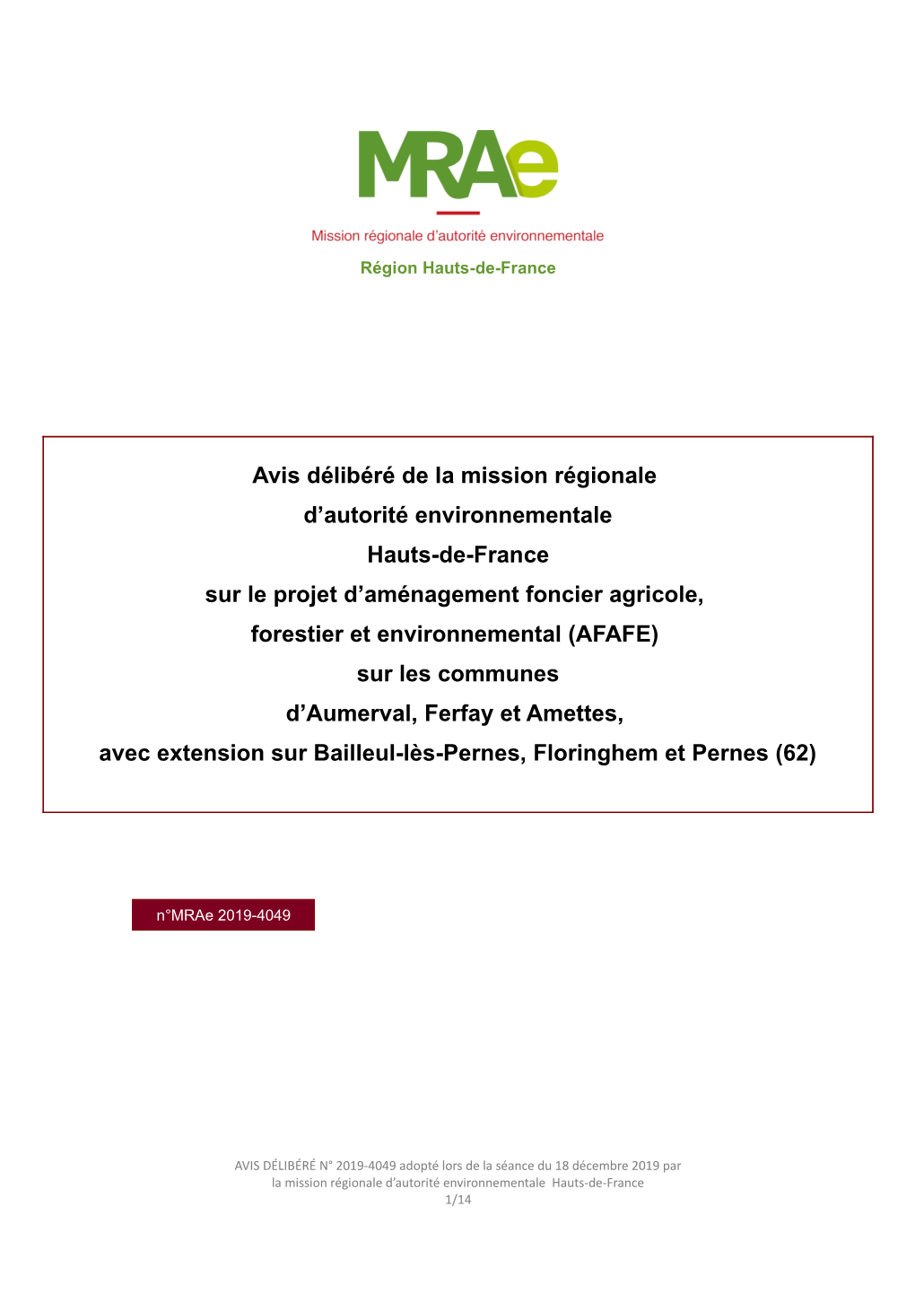 Avis Délibéré De La Mission Régionale D'autorité Environnementale Hauts