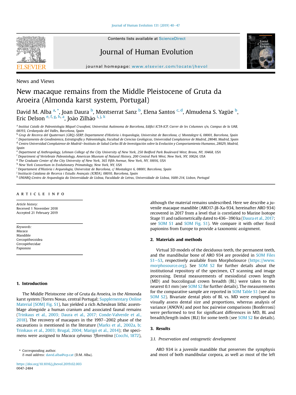 New Macaque Remains from the Middle Pleistocene of Gruta Da Aroeira (Almonda Karst System, Portugal)