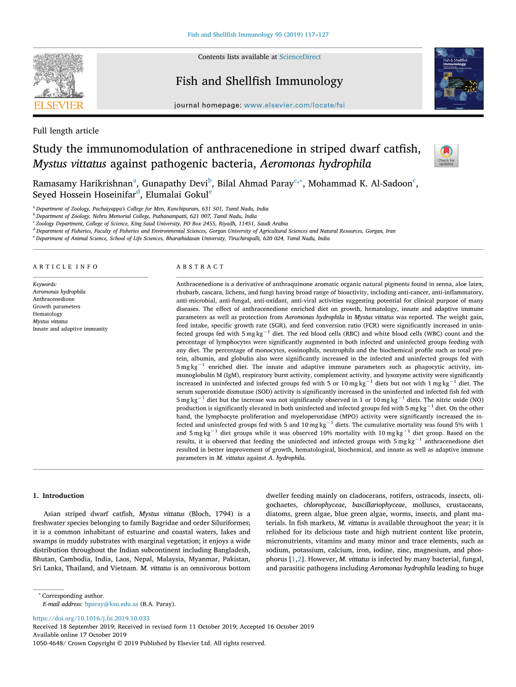 Study the Immunomodulation of Anthracenedione in Striped Dwarf Catﬁsh, Mystus Vittatus Against Pathogenic Bacteria, Aeromonas Hydrophila T