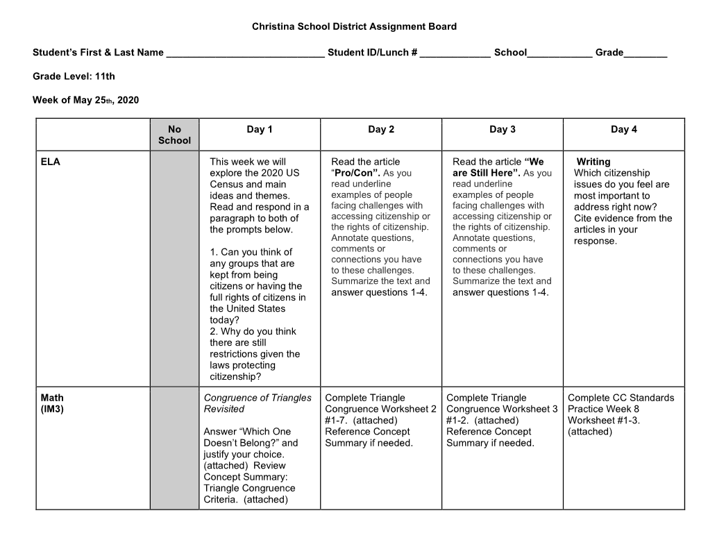 Christina School District Assignment Board Student's First & Last Name