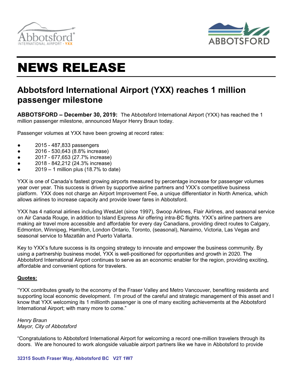 Abbotsford International Airport (YXX) Reaches 1 Million Passenger Milestone