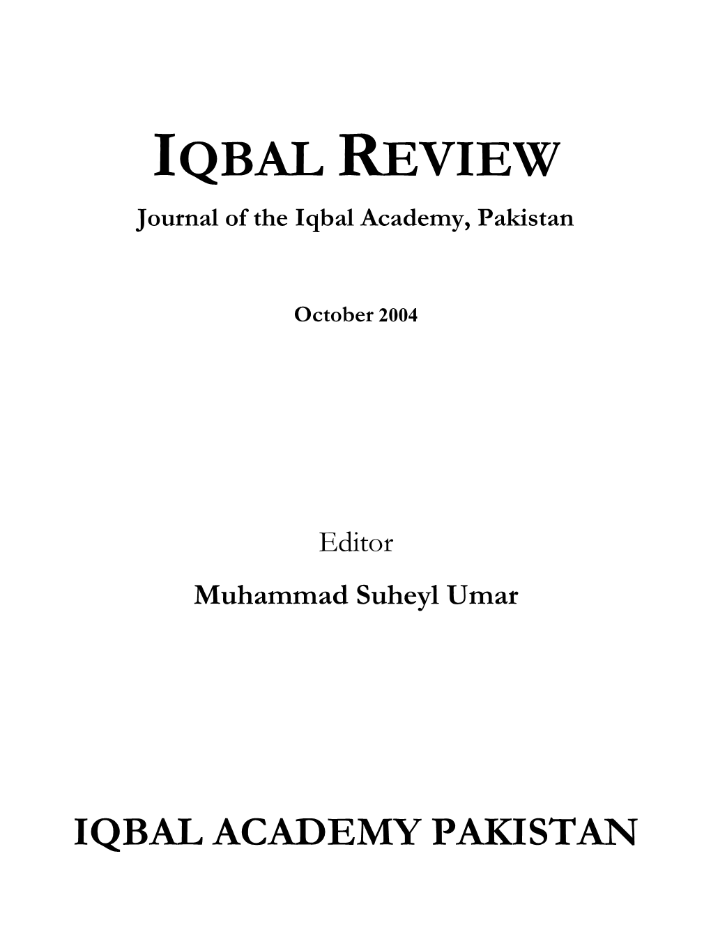 IQBAL REVIEW Journal of the Iqbal Academy, Pakistan