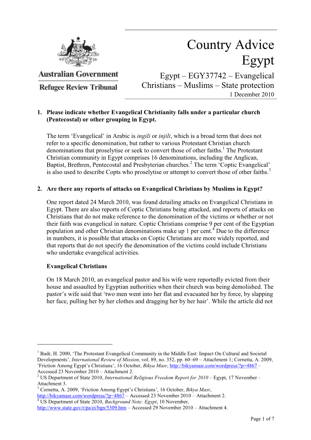 Country Advice Egypt Egypt – EGY37742 – Evangelical Christians – Muslims – State Protection