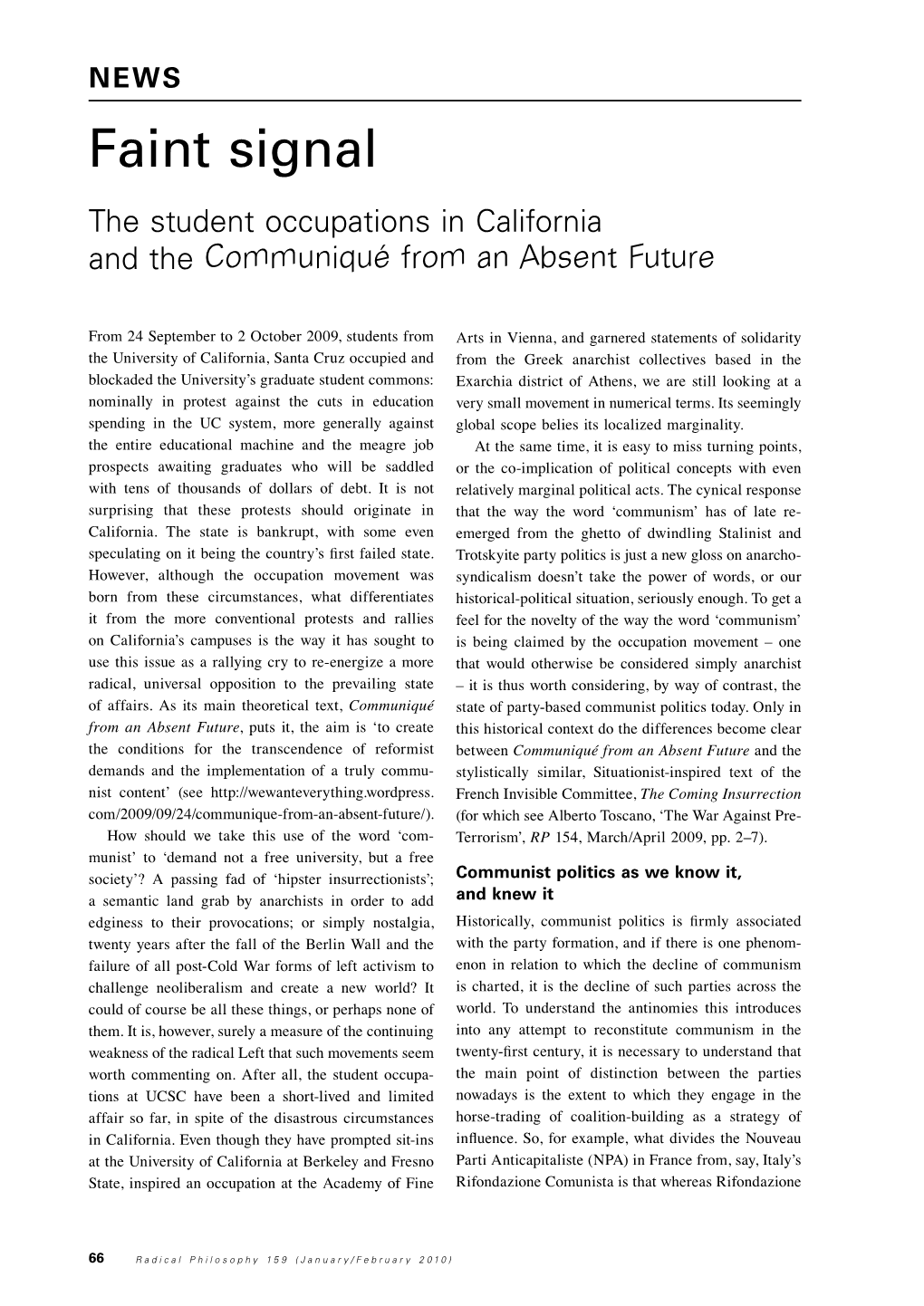 Faint Signal the Student Occupations in California and the Communiqué from an Absent Future