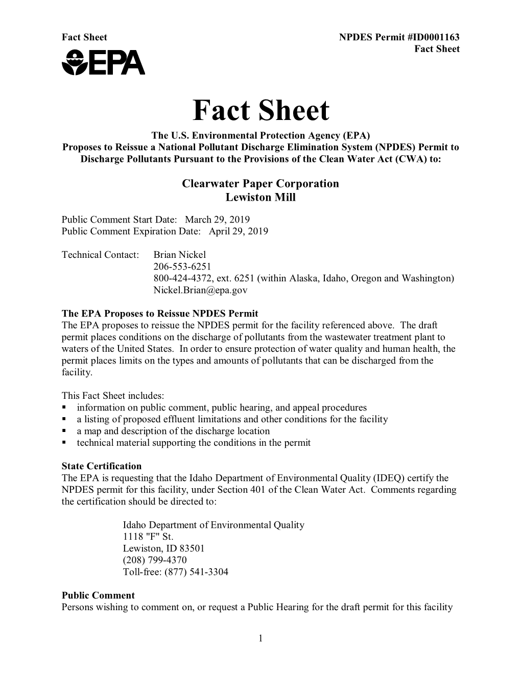 Fact Sheet for the Draft NPDES Permit for Clearwater Paper Corporation