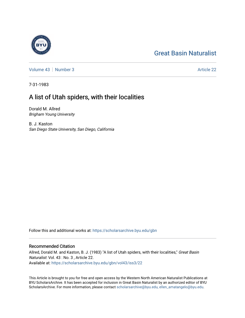 A List of Utah Spiders, with Their Localities