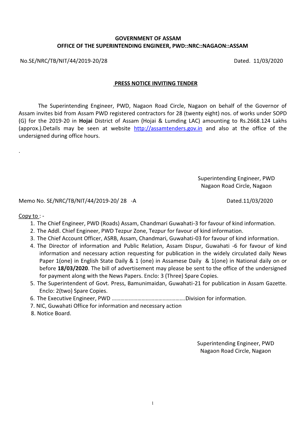 Government of Assam Office of the Superintending Engineer, Pwd::Nrc::Nagaon::Assam