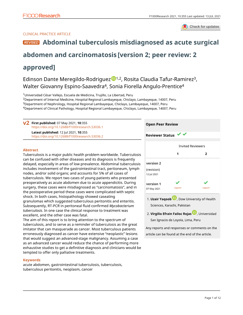 Abdominal Tuberculosis Misdiagnosed As Acute Surgical Abdomen and Carcinomatosis [Version 2; Peer Review: 2 Approved]