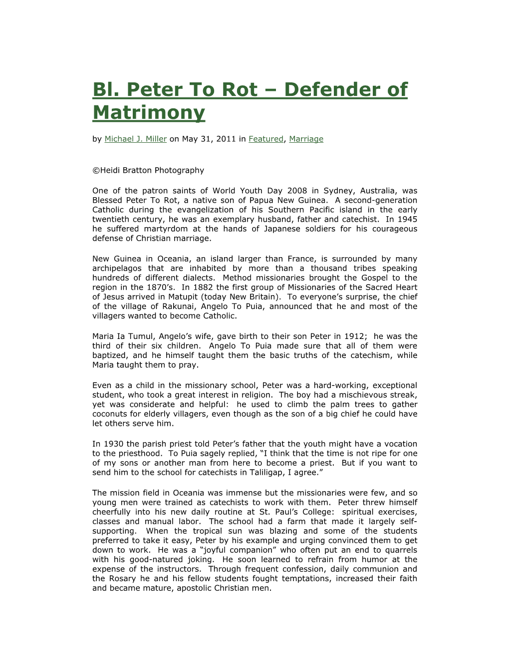 Bl. Peter to Rot – Defender of Matrimony by Michael J