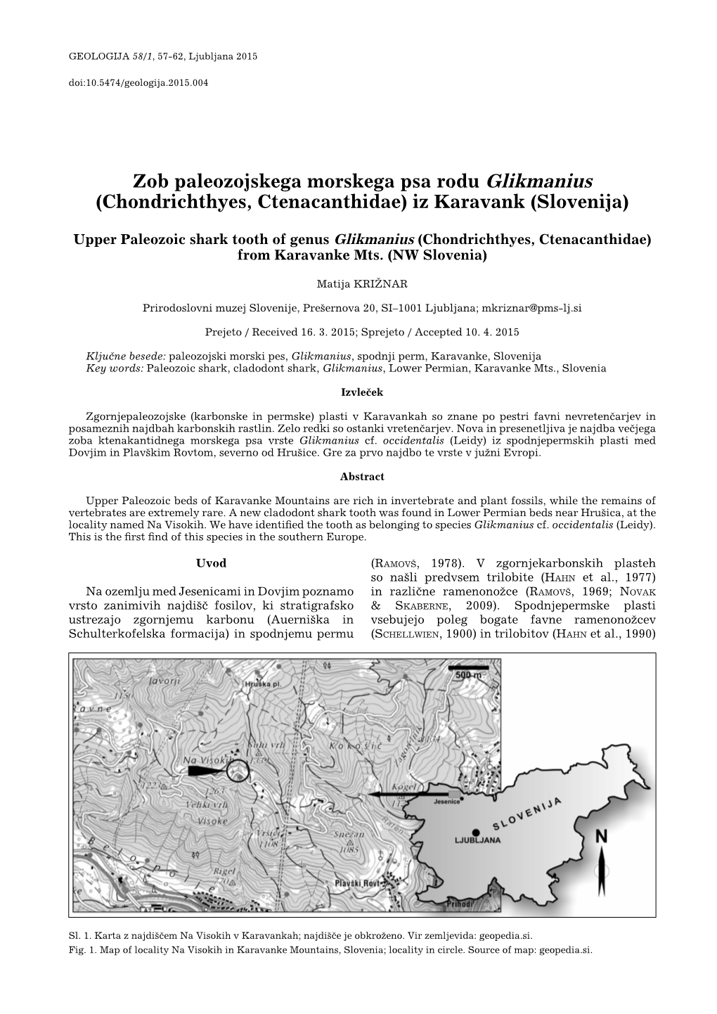 Zob Paleozojskega Morskega Psa Rodu Glikmanius (Chondrichthyes, Ctenacanthidae) Iz Karavank (Slovenija)