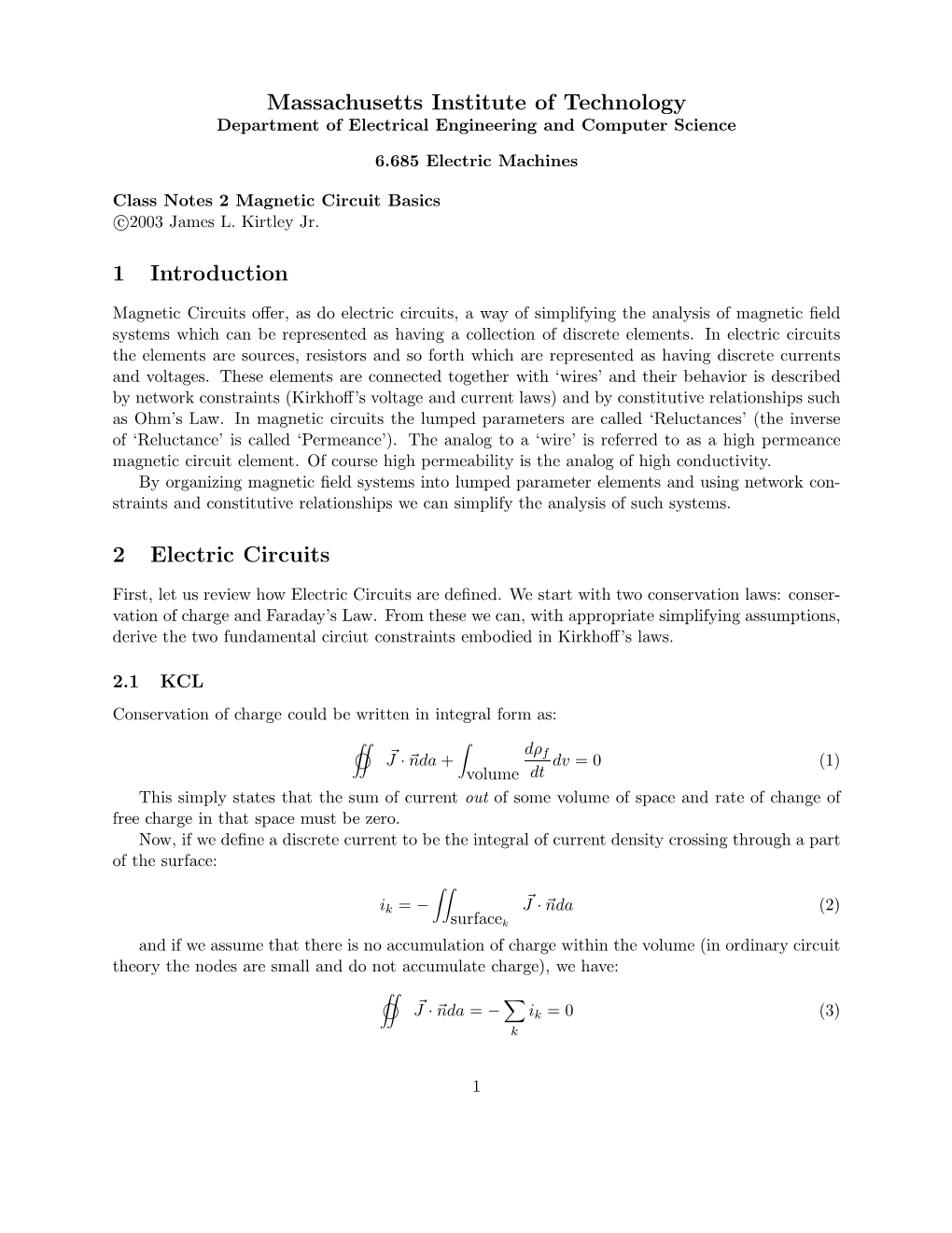 6.685 Electric Machines, Course Notes 2: Magnetic Circuit Basics