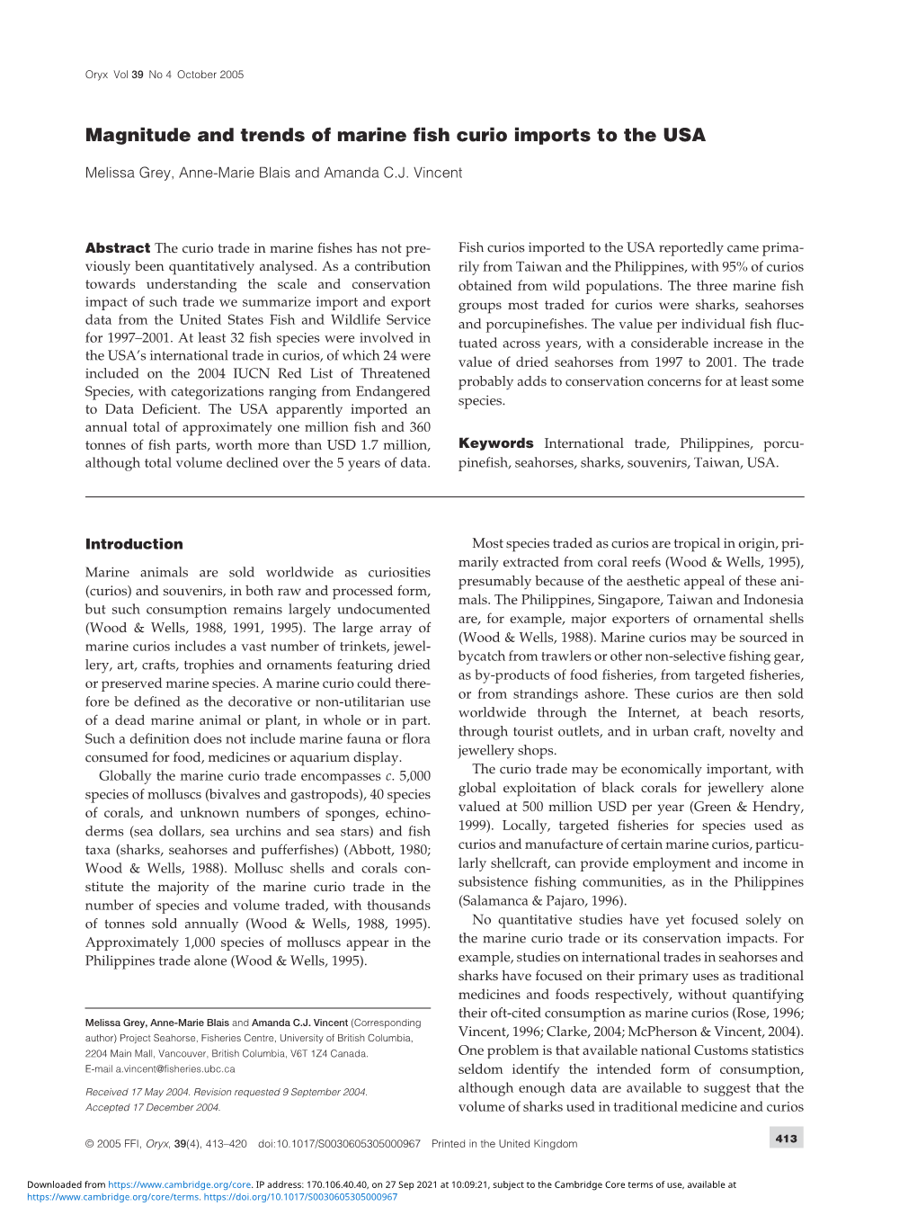 Magnitude and Trends of Marine Fish Curio Imports to the USA