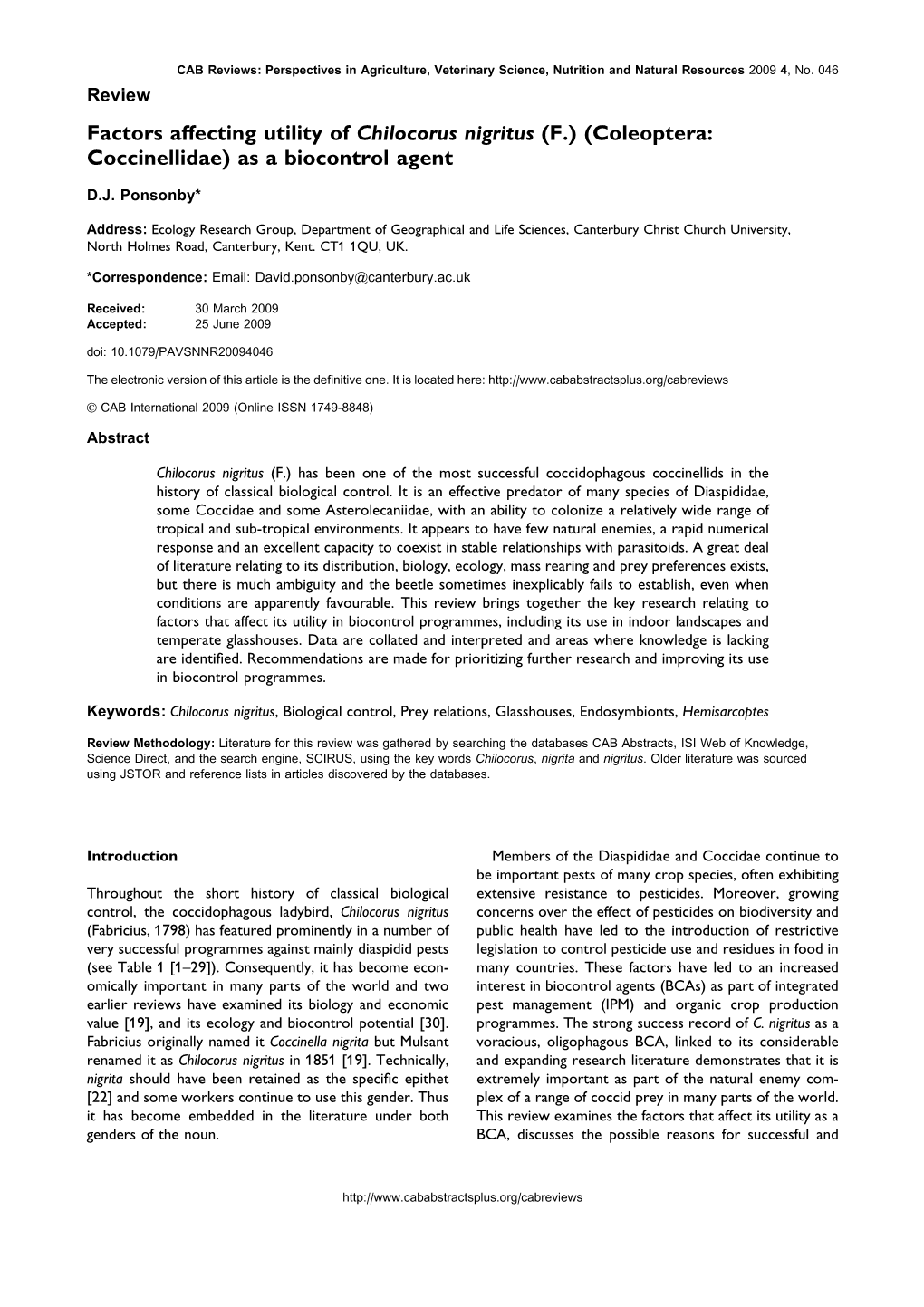 Coleoptera: Coccinellidae) As a Biocontrol Agent