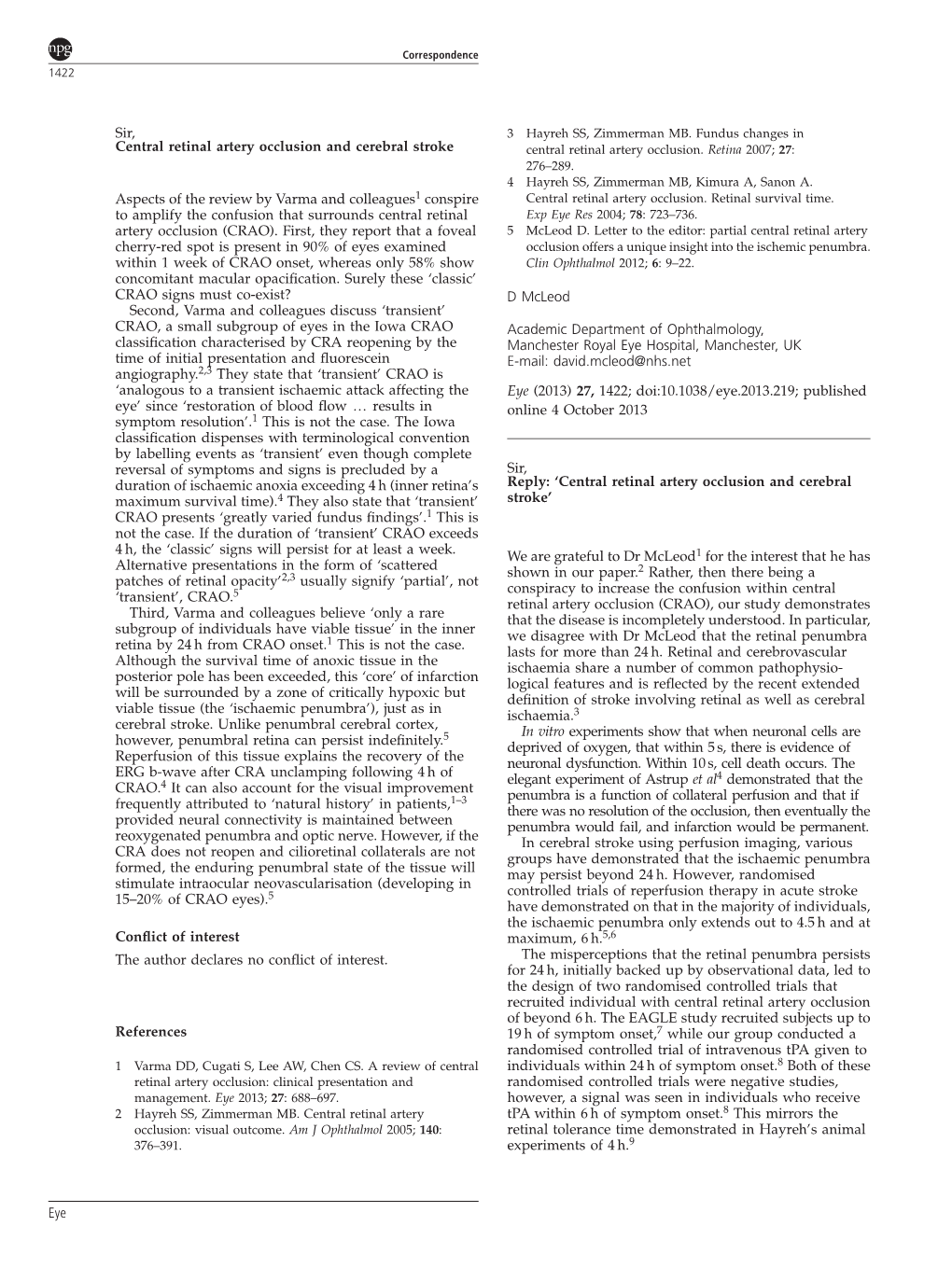 Central Retinal Artery Occlusion and Cerebral Stroke Central Retinal Artery Occlusion